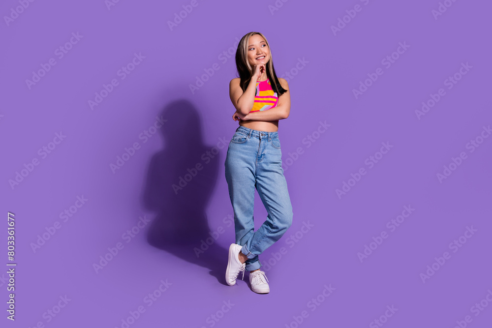 Photo of nice lovely dreamy girl wear stylish clothes look empty space isolated on purple color background