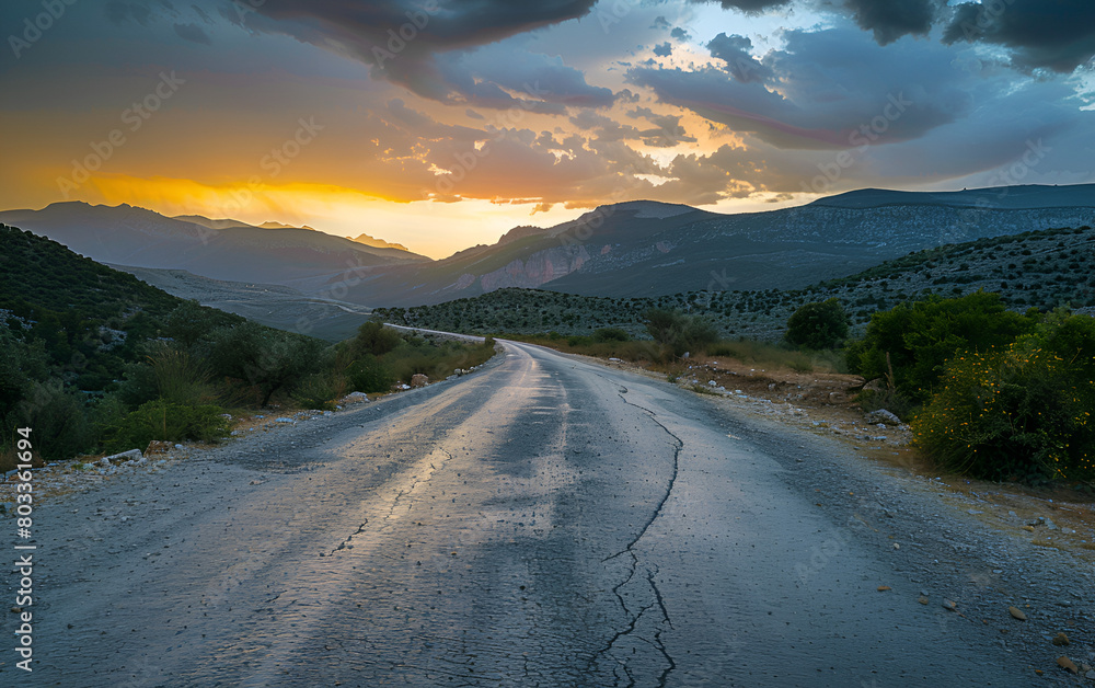 Low level view of empty old paved road in mountain area at sunset
