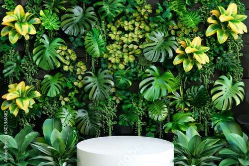 Stylish white podium for product exhibition in a vibrant tropical garden setting