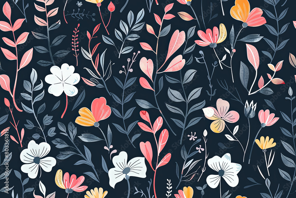 Seamless pattern featuring a variety of colorful flowers and scattered green leaves on a dark background. Ideal for fabric prints, wallpaper, and wrapping paper. Seamless pattern featuring a variety of colorful flowers and scattered green leaves on a dark background. Ideal for fabric prints, wallpaper, and wrapping paper.