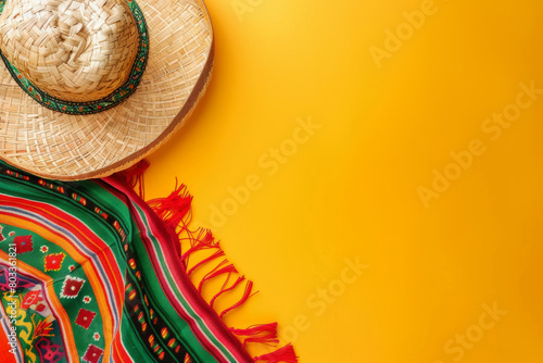 Straw hat and a colorful blanket rest on a sunny yellow background. Perfect for a festive Cinco de Mayo background