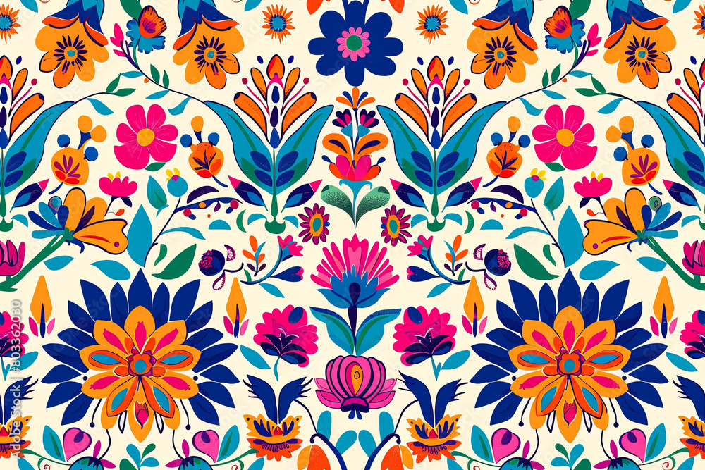 Мibrant seamless pattern featuring colorful Mexican flowers and leaves on a white background. Perfect for fabric design, gift wrap, and other creative projects.