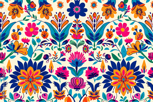 Мibrant seamless pattern featuring colorful Mexican flowers and leaves on a white background. Perfect for fabric design, gift wrap, and other creative projects.