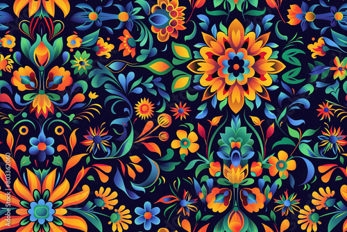 Vibrant seamless pattern featuring colorful flowers and leaves on a dark blue background. Perfect for fabric design, wrapping paper, and other creative projects.