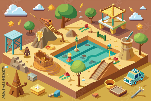 Archaeological dig playground with sandbox excavation sites, replica artifacts, and a junior archaeologist lab