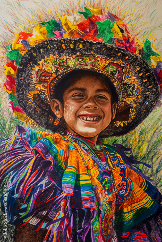 A vertical drawing of a happy young Mexican youth appears in an image for the Day of the Dead or All Saints' Day. Dressed in a mesmerizing ensemble
