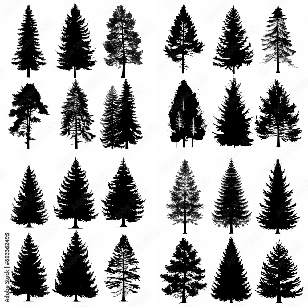 Obraz premium black tree silhouette set pure badge eco outline recreation breath emblem label protection graphic pine trunk woodland