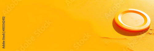 Sunny beach frisbee banner. Frisbee on yellow background with copy space. photo