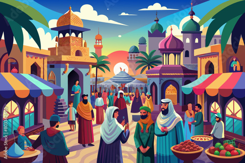 Arabian bazaar with bustling crowds