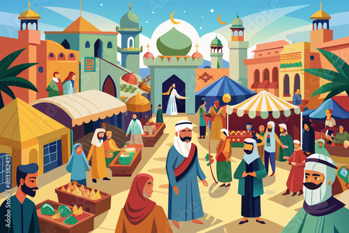Arabian bazaar with bustling crowds