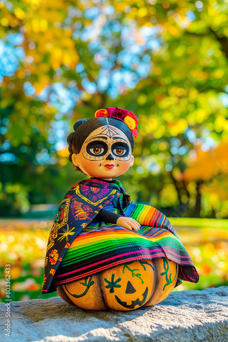 Poster with a doll in a Day of the Dead costume, 3D illustration for a traditional Mexican holiday