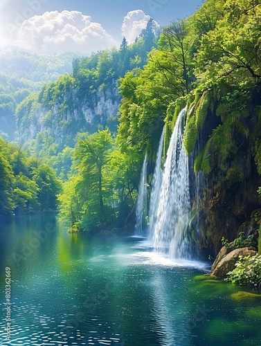 Lush waterfall in a vivid green forest landscape - A breathtaking landscape of a powerful waterfall cascading into a tranquil lake, surrounded by a vivid green forest
