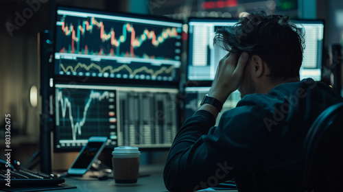 Trader or Broker Desperately Clutching His Head While Analyzing Trading Data on Screens. Business and trade concept. Imaged generated by IA