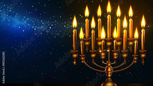 Illuminated menorah against starry sky - A classic golden menorah candle holder lit up against a vibrant celestial backdrop, reflecting traditions and celebrations