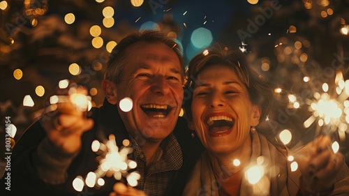 Senior couple with sparklers laughing - A joyous senior couple holding sparklers illuminates their smiles at night