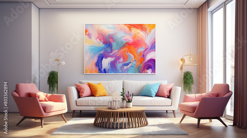 A cheerful and happy mood living room idea of home decor design with a colorful abstract painting art wall hanging picture  presenting a luxurious and vibrant mockup idea