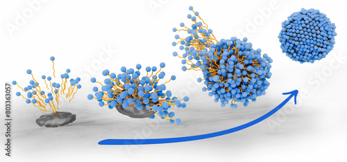 Soap molecules surrounding and capturing dirt forming micelles. The hydrophobic tail is attracted to grease and oily substances and the hydrophilic head is attracted to water. 3d illustration photo