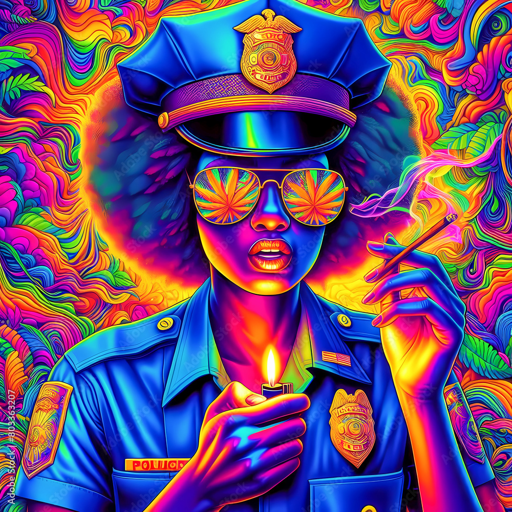 Digital art vibrant colorful psychedelic police officer smoking a blunt