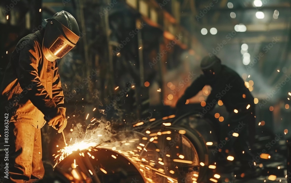 workers welding metal in a factory and sparks 