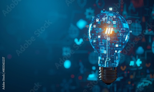 A light bulb with digital icons inside, representing innovation and technology in business Generative AI