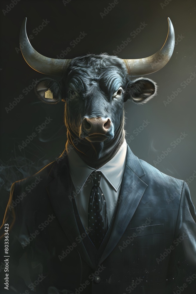 A bull in a suit and tie, standing confidently with its head raised high, exuding an air of authority A bull in a suit and tie, standing confidently with its head raised high, exuding an air of authority