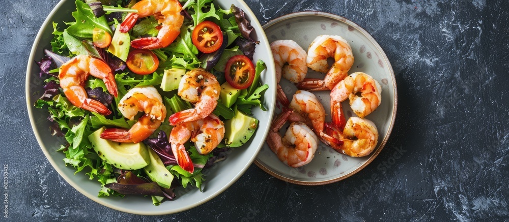 Salad with avocado and shrimp in a bowl, viewed from the top, with space for text placement. Salad with avocado and shrimp in a bowl, viewed from the top, with space for text placement.