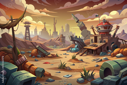 post-apocalyptic wasteland with twisted, metallic ruins