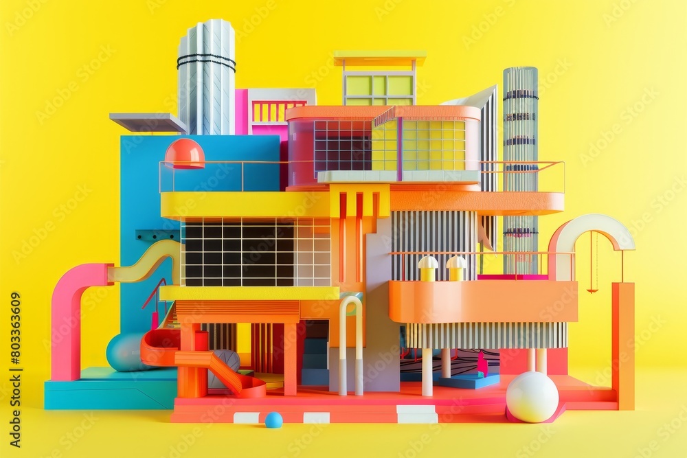 3d illustrations of colorful bauhaus building architecture design 3d illustrations of colorful bauhaus building architecture design