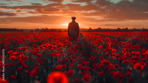 A solemn and reflective scene on armistice day, with a field of red poppies and a single soldier silhouetted against the morning sky, honoring the sacrifice and bravery of veterans.