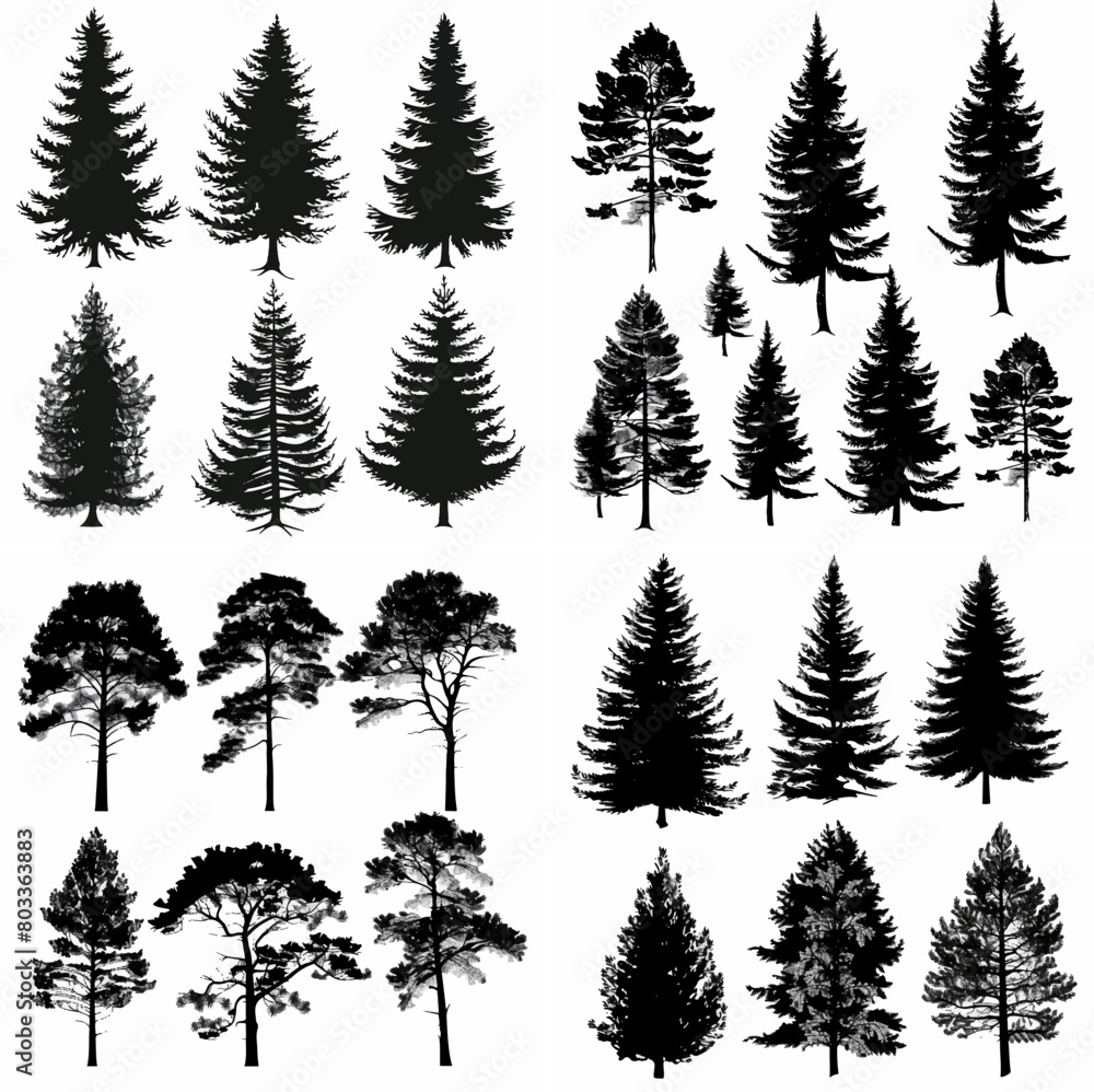 Obraz premium black tree silhouette set pure badge eco outline recreation breath emblem label protection graphic pine trunk woodland