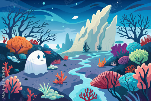 Underwater kingdom illustration cute ghost and tree and flowers