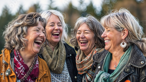 groupe de femmes soixantenaire qui rigolent ensemble en extérieur