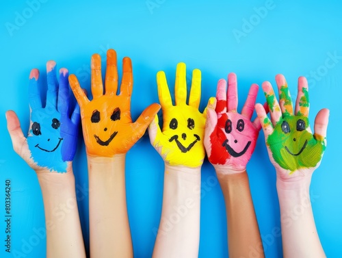many colorful smiling hands with happy faces painted on their palms in the style of banner design
