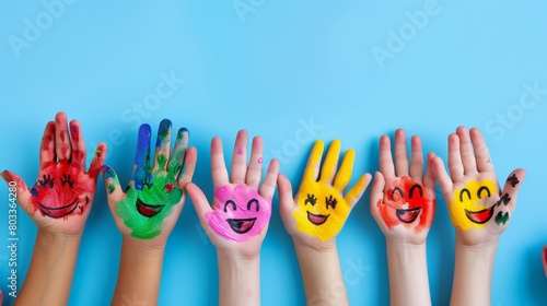 many colorful smiling hands with happy faces painted on their palms in the style of banner design
