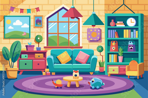 playful, kid-friendly living room with bright colors, durable materials, and plenty of storage for toys