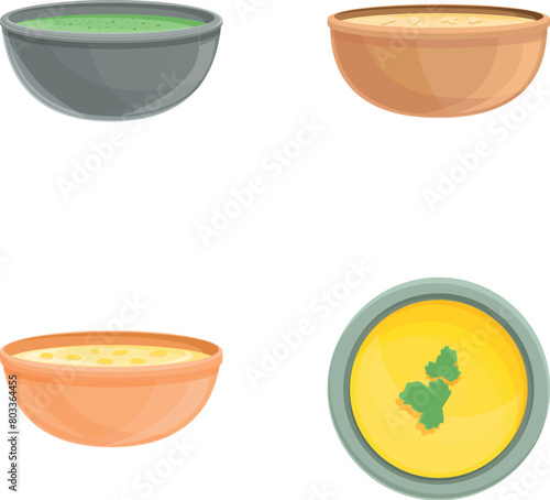 Soup puree icons set cartoon vector. Bowl of vegetable soup puree. Vegan dish, healthy nutrition
