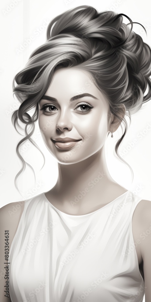 Croquis noir et blanc d'une fille dans un style réaliste, une belle femme aux cheveux épais regardant la camera.
Croquis noir et blanc d'une fille dans un style réaliste, une belle femme aux cheveux épais regardant la camera.