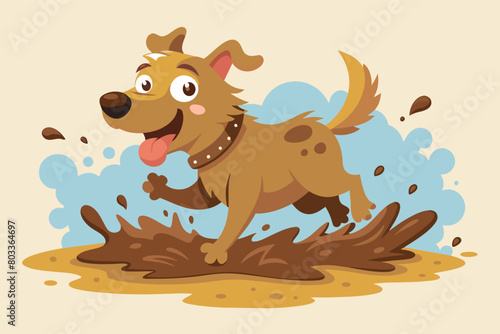playful image of a dog splashing in a muddy puddle, with mud flying and a grin spread across its face