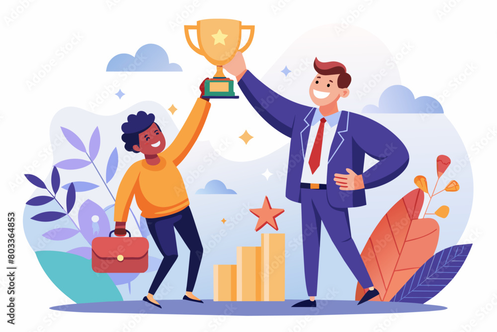 Enjoying celebration of win with growing chart and star at business Enjoying celebration of win with growing chart and star at business