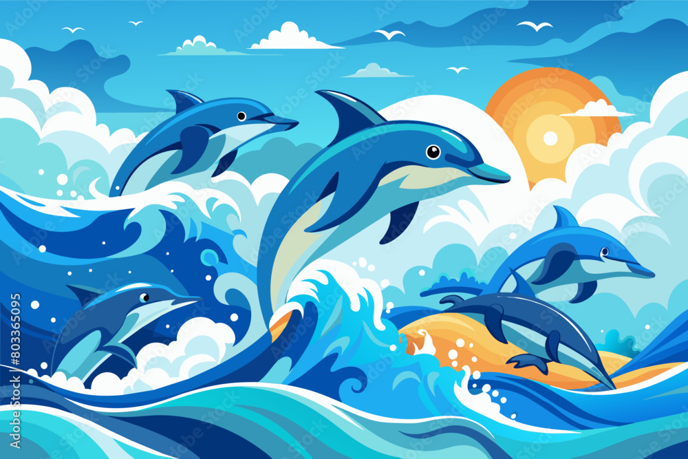 Obraz premium group of playful dolphins leaping out of the water