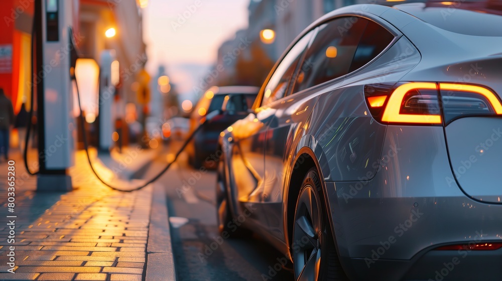 White modern electric car charging on the street in the evening, close-up White modern electric car charging on the street in the evening, close-up