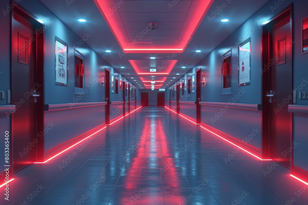 Fototapeta premium Modern interior hallway design accentuated with red neon lights giving a contemporary feel