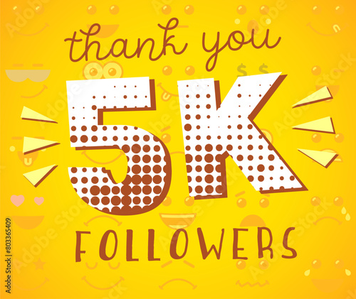 Thank you 5.000 followers Internet banner. Social media poster for 5K subscribers. Network thanks for 5k users and likes. Blogging concept. Digital greeting card. Number with newspaper retro backdrop.