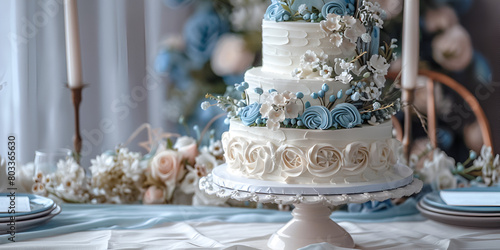 Sophisticated elegant handmade wedding cake winter themed wedding cake adorned with snowflakes and icy accents