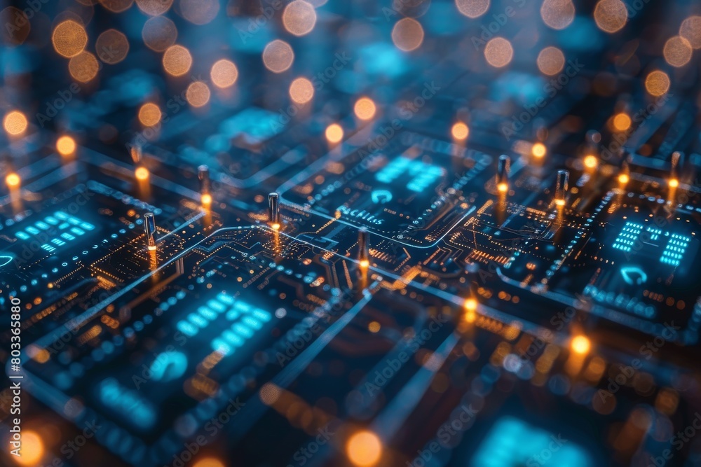 Detailed close-up of a lit-up electronic circuit board with a focus on microchips and glowing connections Detailed close-up of a lit-up electronic circuit board with a focus on microchips and glowing connections