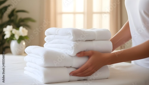 A hands holding a stack of fresh, clean white towels on a soft, light-colored surface