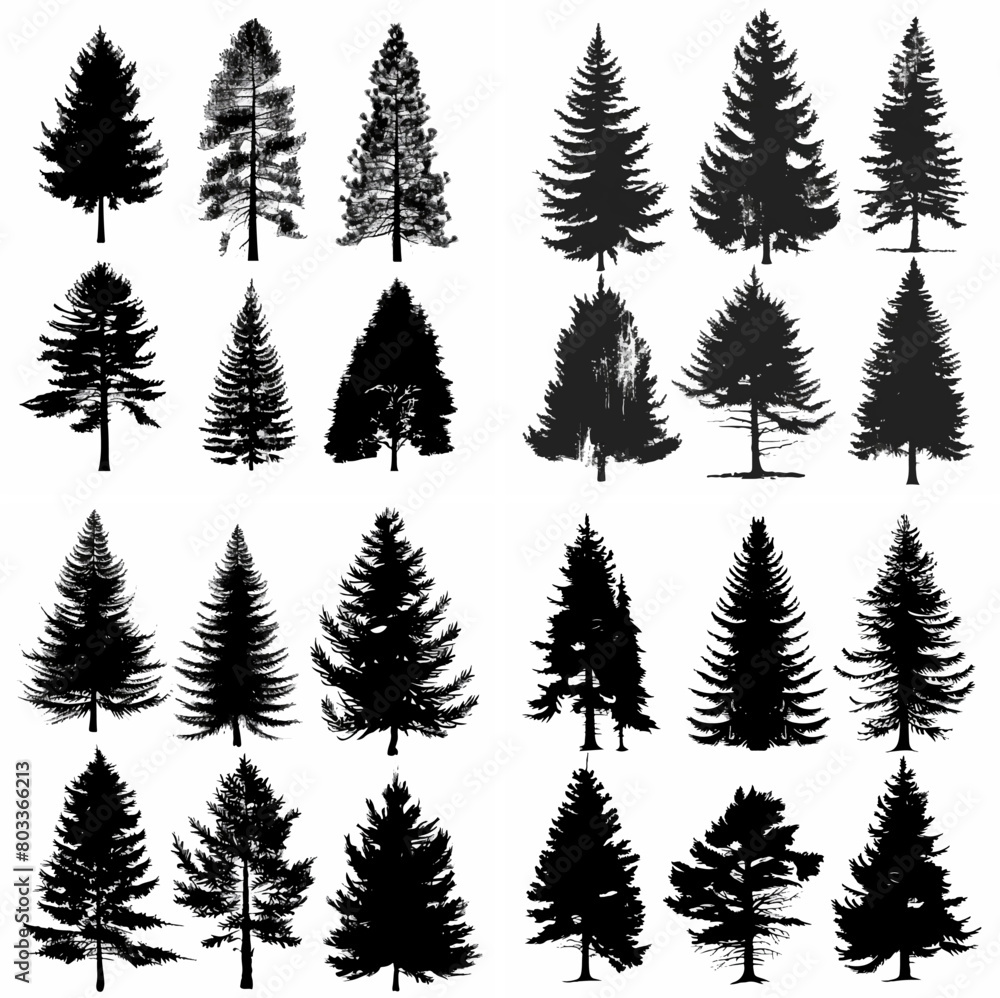 Obraz premium black tree silhouette set pure badge eco outline recreation breath emblem label protection graphic pine trunk woodland