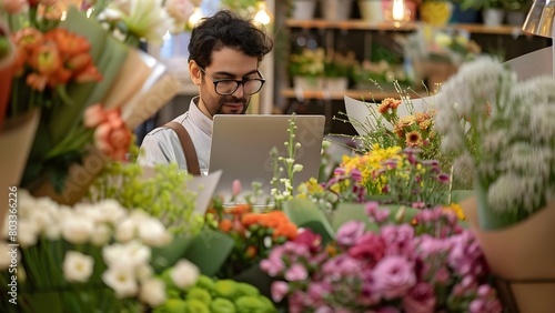 Florist owner using a laptop at the checkout counter in their physical store. Concept Small Business, Florist, Owner, Laptop, Checkout Counter © Anastasiia