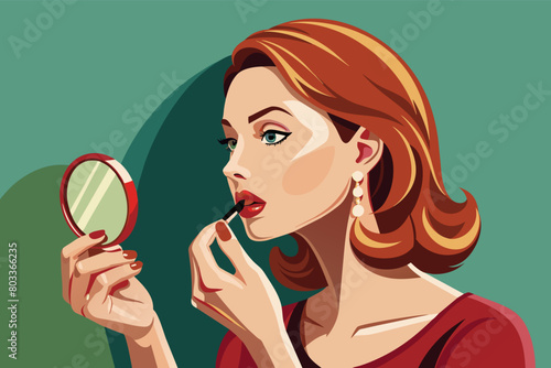 photorealistic image of a woman applying lipstick in a compact mirror with confidence