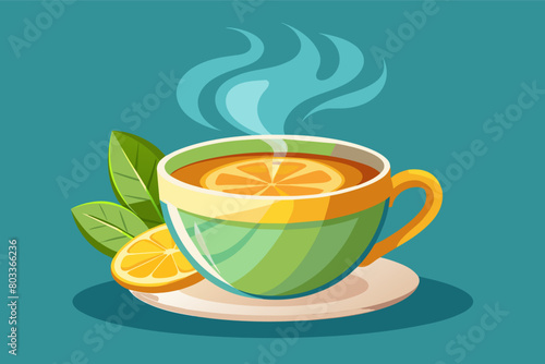 photorealistic image of a steaming cup of tea with a slice of lemon on the side